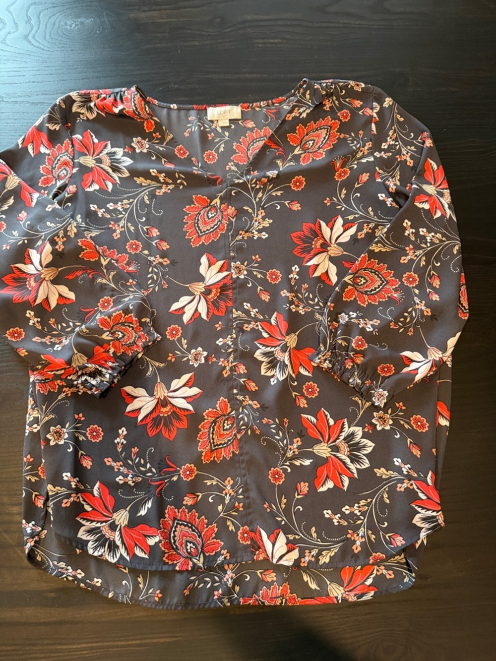 LOFT Dark Floral V-Neck Blouse in Red and Cream